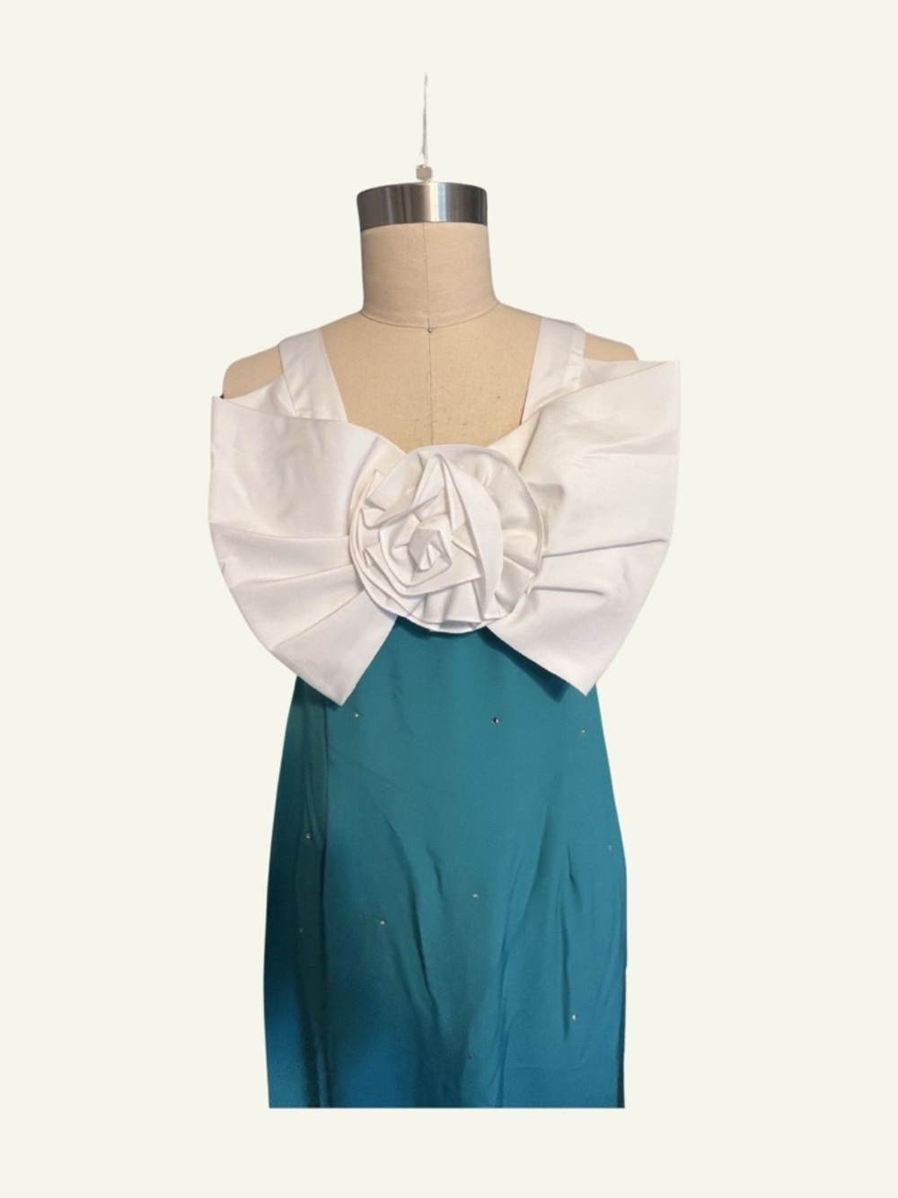 Vintage 60s White Bow Maxi Dress with Teal Skirt and Rhinestones - Picture 4 of 4